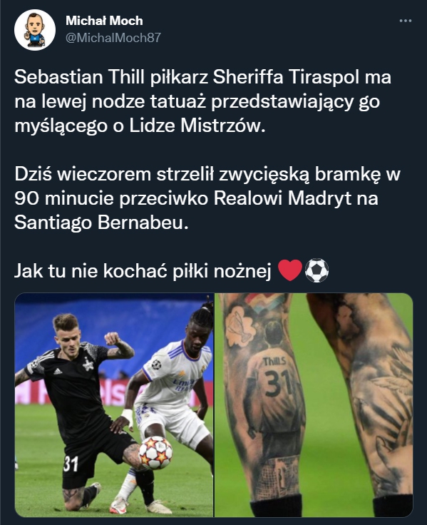 Tatuaż Sebastiena Thilla, który strzelił zwycięskiego gola z Realem Madryt!